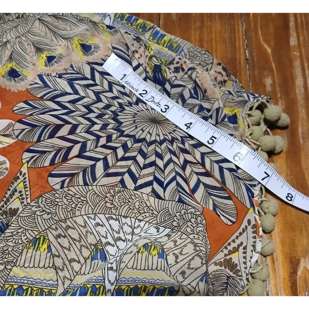 Umgee  Boho Feather Print Cover up with pompom sleeves S/M   NWOT - Picture 9 of 11